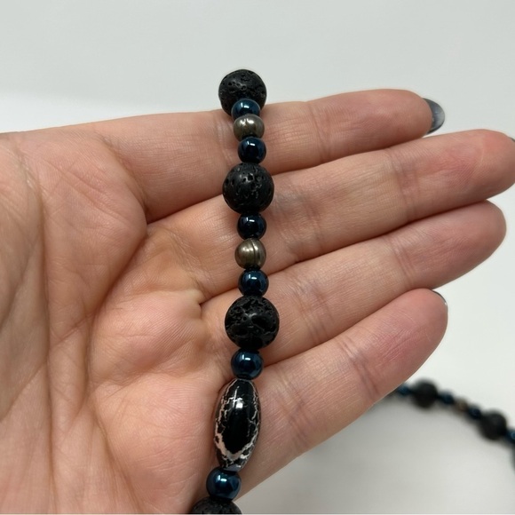 Classic Black Lava Rock Beaded Necklace with Blue and Black Marble Beads - Picture 7 of 11